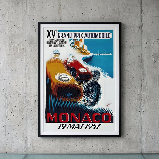Ingelijste Monaco Grand Prix 1957 poster aan de muur - vintage Formule 1 wanddecoratie