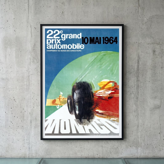 Ingelijste Monaco Grand Prix 1964 poster aan de muur - vintage Formule 1 wanddecoratie