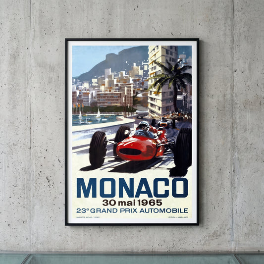 Ingelijste Monaco Grand Prix 1965 poster aan de muur - vintage Formule 1 wanddecoratie