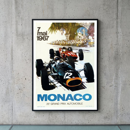 Ingelijste Monaco Grand Prix 1967 poster aan de muur - vintage Formule 1 wanddecoratie