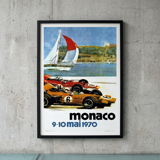 Ingelijste Monaco Grand Prix 1970 poster aan de muur - vintage Formule 1 wanddecoratie