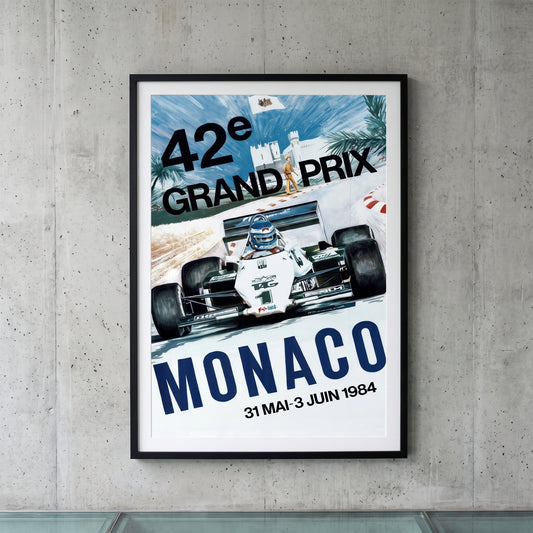 Ingelijste Monaco Grand Prix 1984 poster aan de muur - vintage Formule 1 wanddecoratie