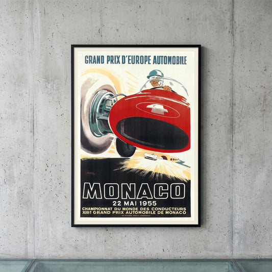 Ingelijste Monaco Grand Prix d'Europe 1955 poster aan de muur - vintage Formule 1 wanddecoratie