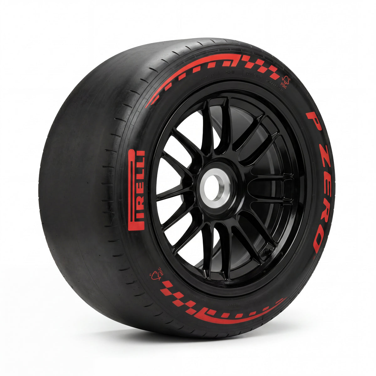 Pirelli F1 P Zero Soft showband 2026 van opzij, rode PIRELLI- en P ZERO-belettering met geblokte vlag, zwarte velg