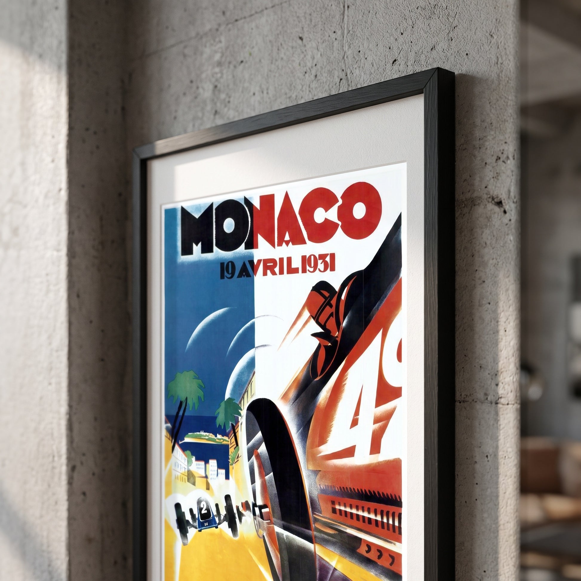 Close-up van ingelijste Monaco Grand Prix 1931 poster - vintage Art Deco print