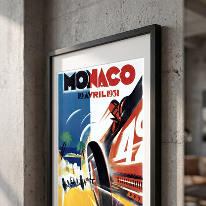 Close-up van ingelijste Monaco Grand Prix 1931 poster - vintage Art Deco print