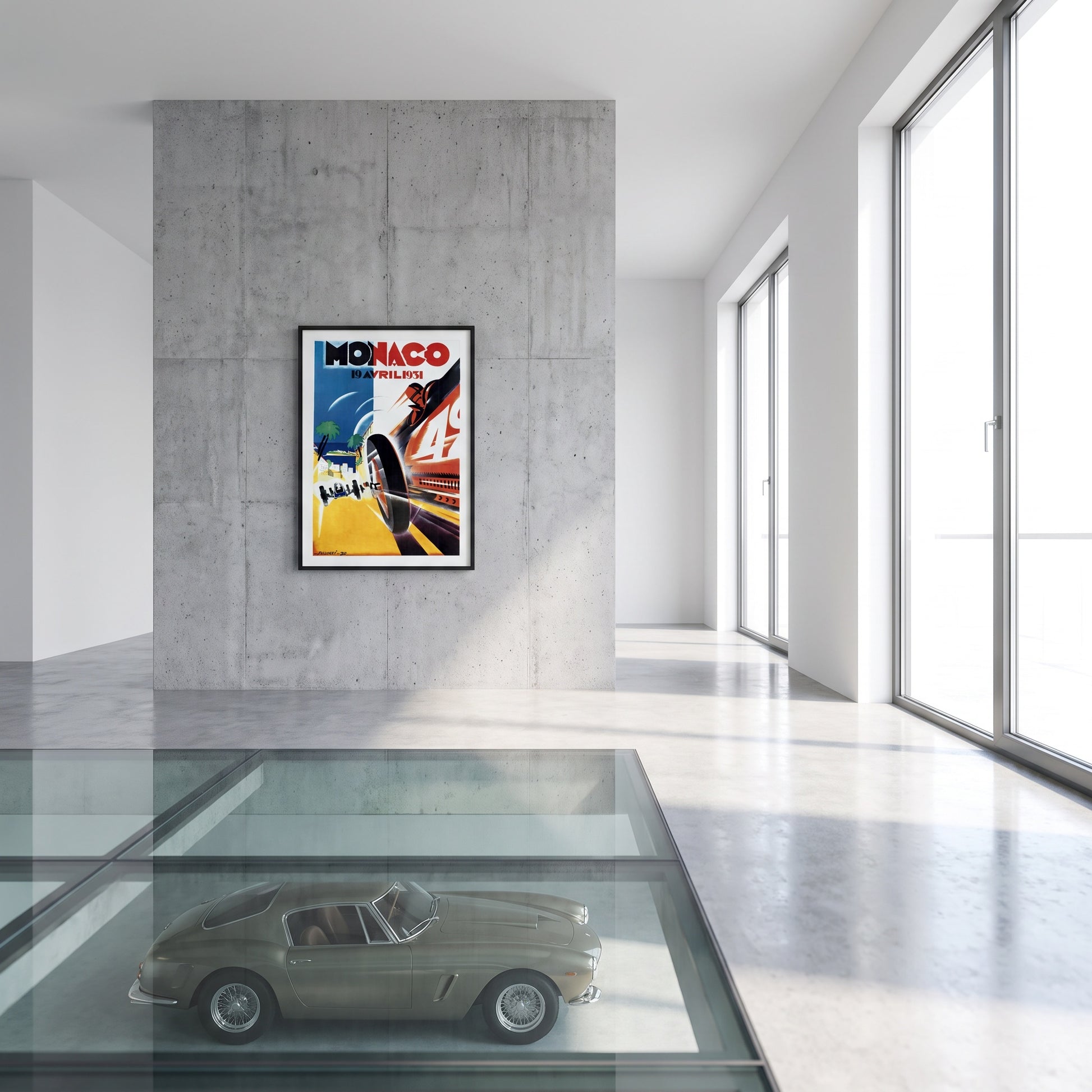 Monaco Grand Prix 1931 poster in moderne woonkamer met klassieke sportwagen