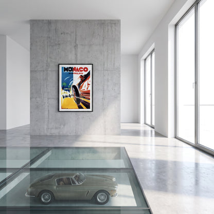 Monaco Grand Prix 1931 poster in moderne woonkamer met klassieke sportwagen