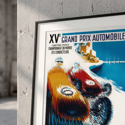 Close-up van ingelijste Monaco Grand Prix 1957 poster - vintage Formule 1 print