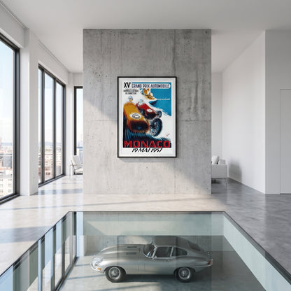 Monaco Grand Prix 1957 poster in moderne woonkamer met klassieke sportwagen