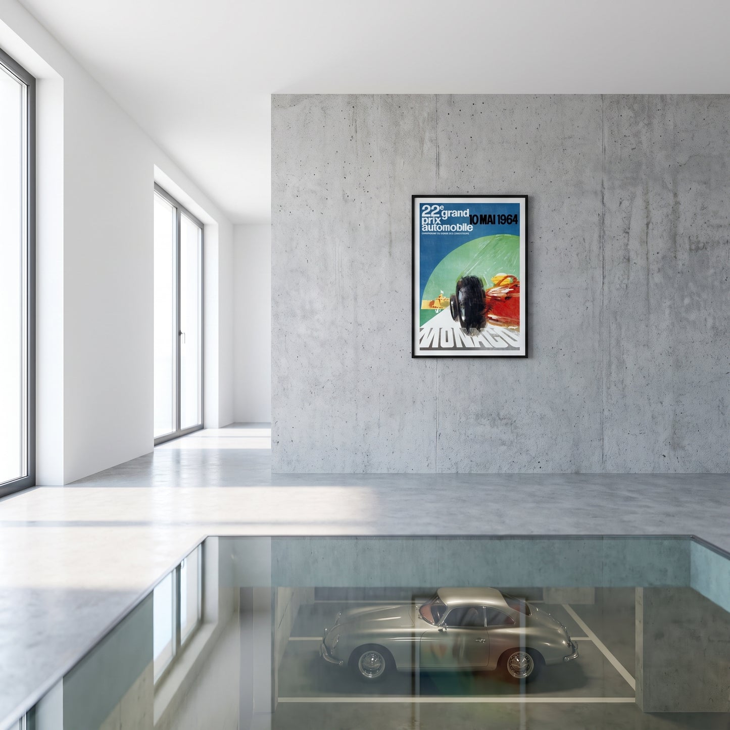 Monaco Grand Prix 1964 poster in moderne woonkamer met klassieke sportwagen