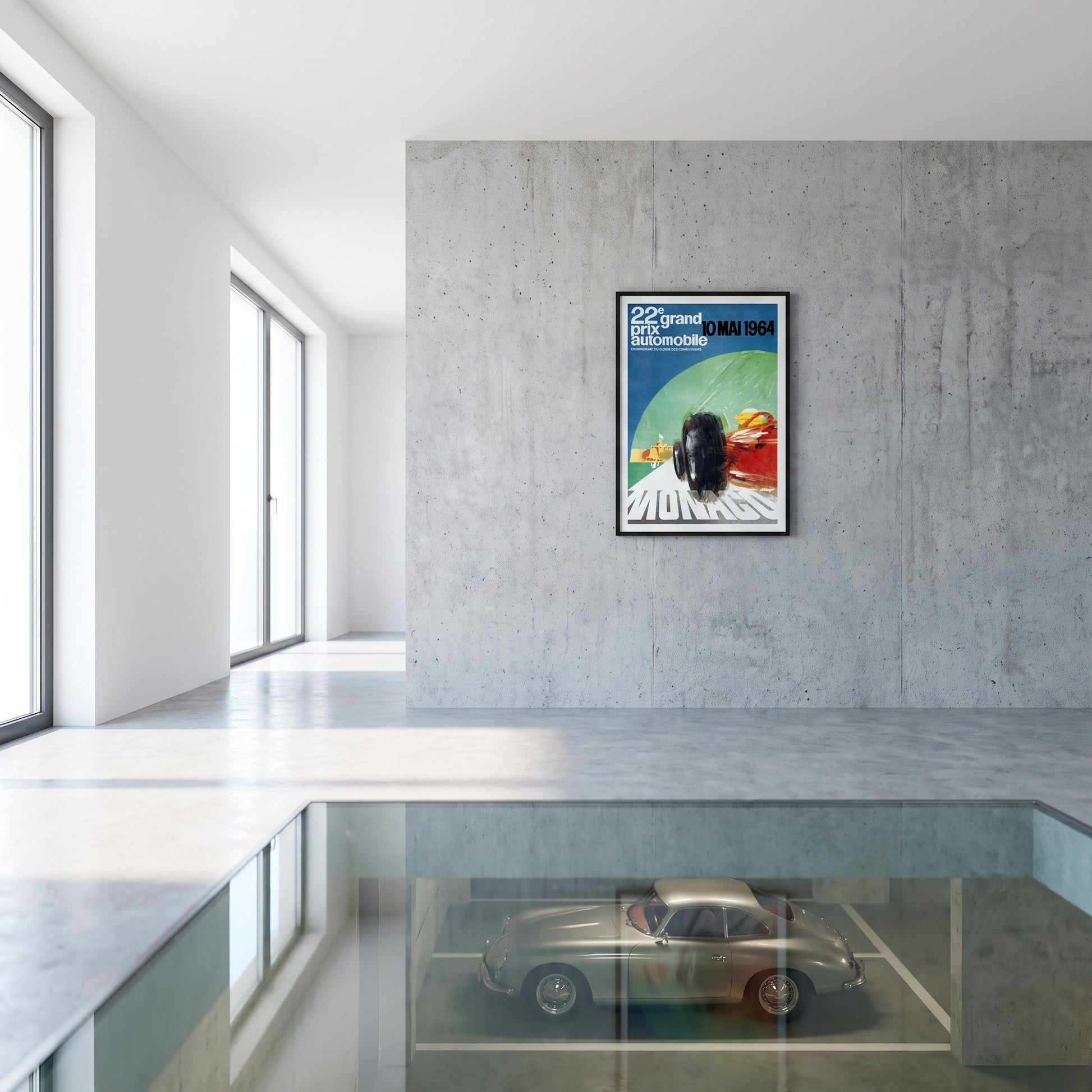 Monaco Grand Prix 1964 poster in moderne woonkamer met klassieke sportwagen