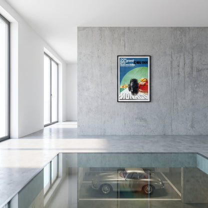 Monaco Grand Prix 1964 poster in moderne woonkamer met klassieke sportwagen