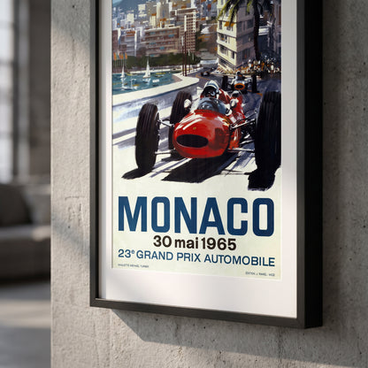 Close-up van ingelijste Monaco Grand Prix 1965 poster - vintage Formule 1 print