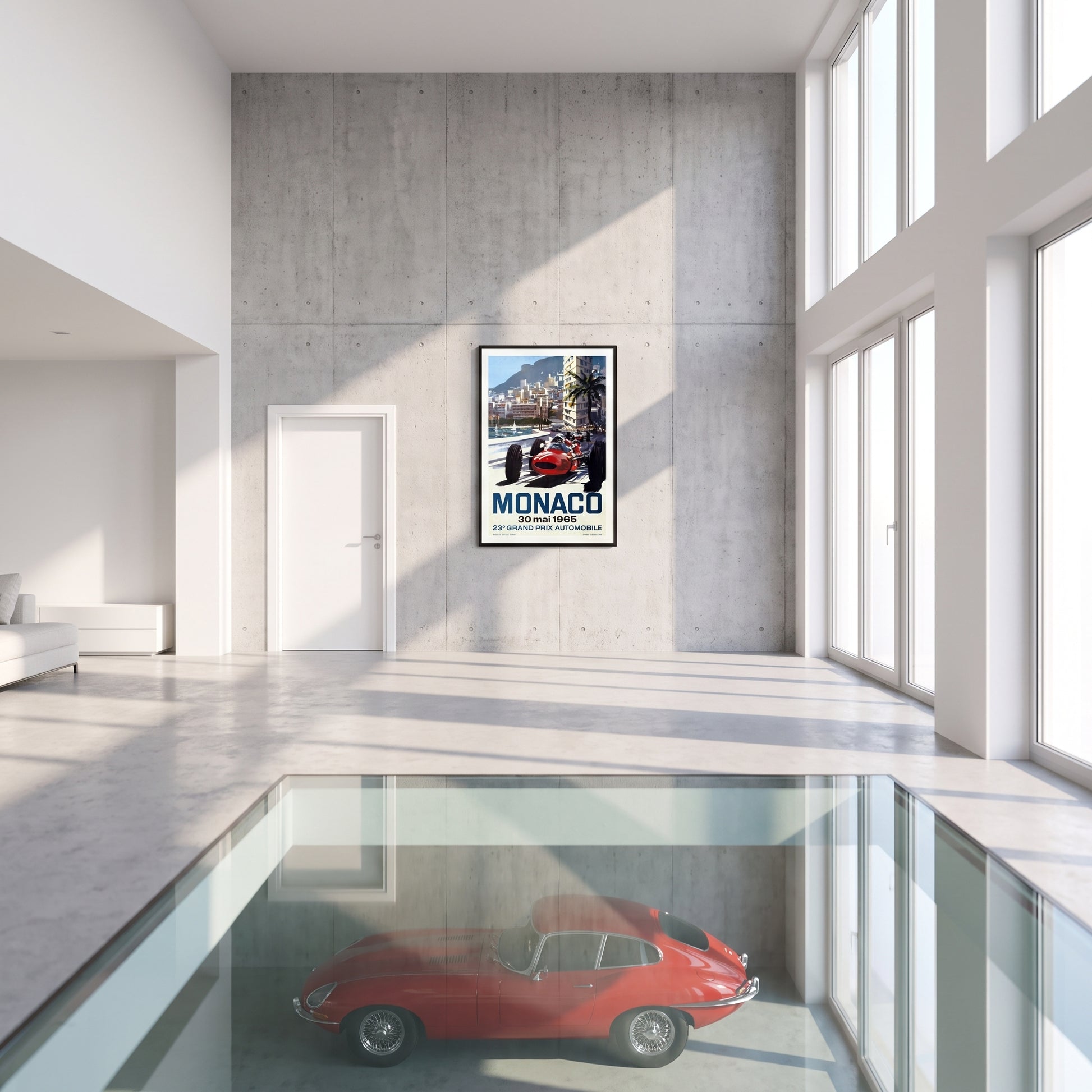 Monaco Grand Prix 1965 poster in moderne woonkamer met klassieke sportwagen