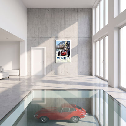 Monaco Grand Prix 1965 poster in moderne woonkamer met klassieke sportwagen