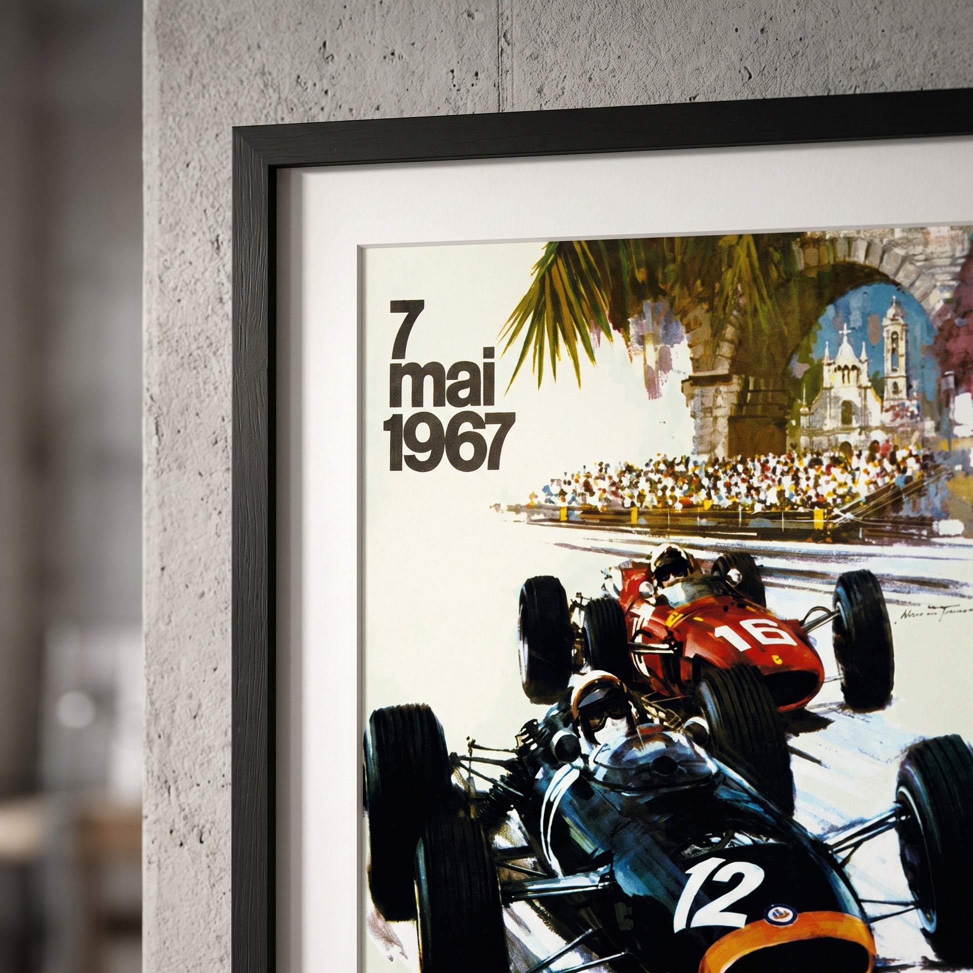 Close-up van ingelijste Monaco Grand Prix 1967 poster - vintage Formule 1 print