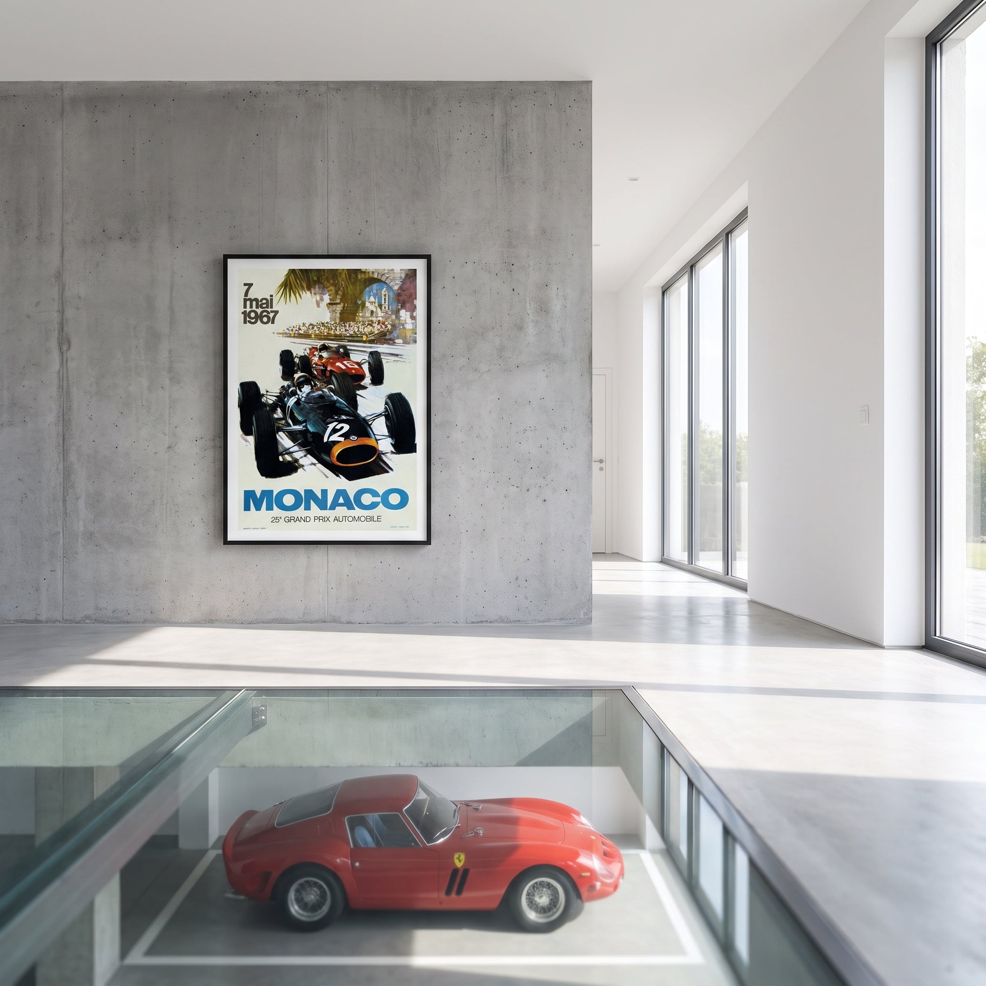 Monaco Grand Prix 1967 poster in moderne woonkamer met klassieke sportwagen