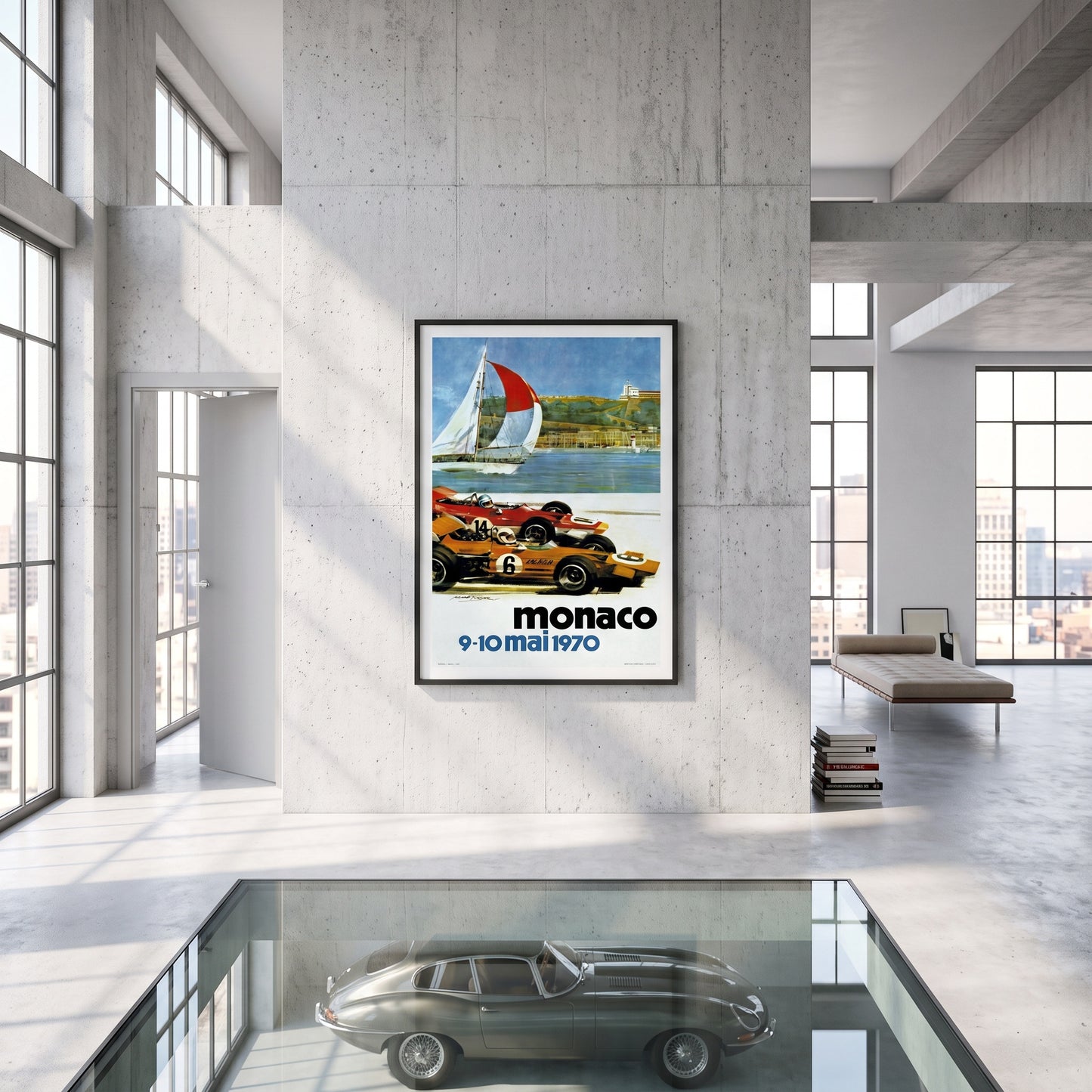 Monaco Grand Prix 1970 poster in moderne woonkamer met klassieke sportwagen