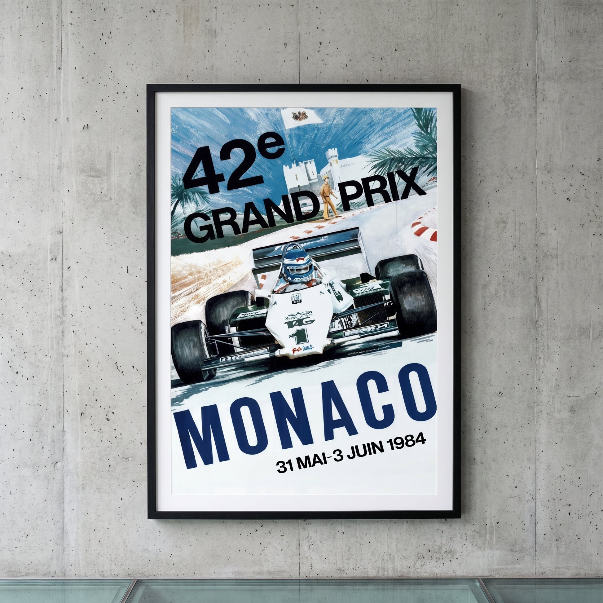 Ingelijste Monaco Grand Prix 1984 poster aan de muur - vintage Formule 1 wanddecoratie