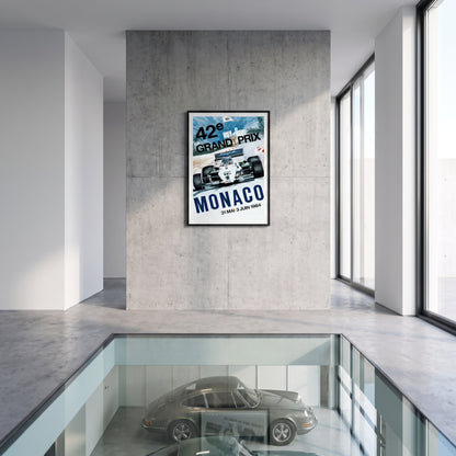 Monaco Grand Prix 1984 poster in moderne woonkamer met klassieke sportwagen