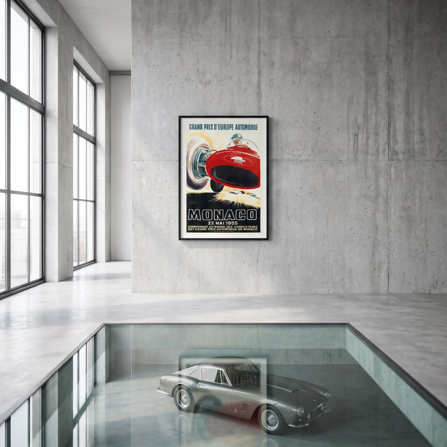 Monaco Grand Prix d'Europe 1955 poster in moderne woonkamer met klassieke sportwagen