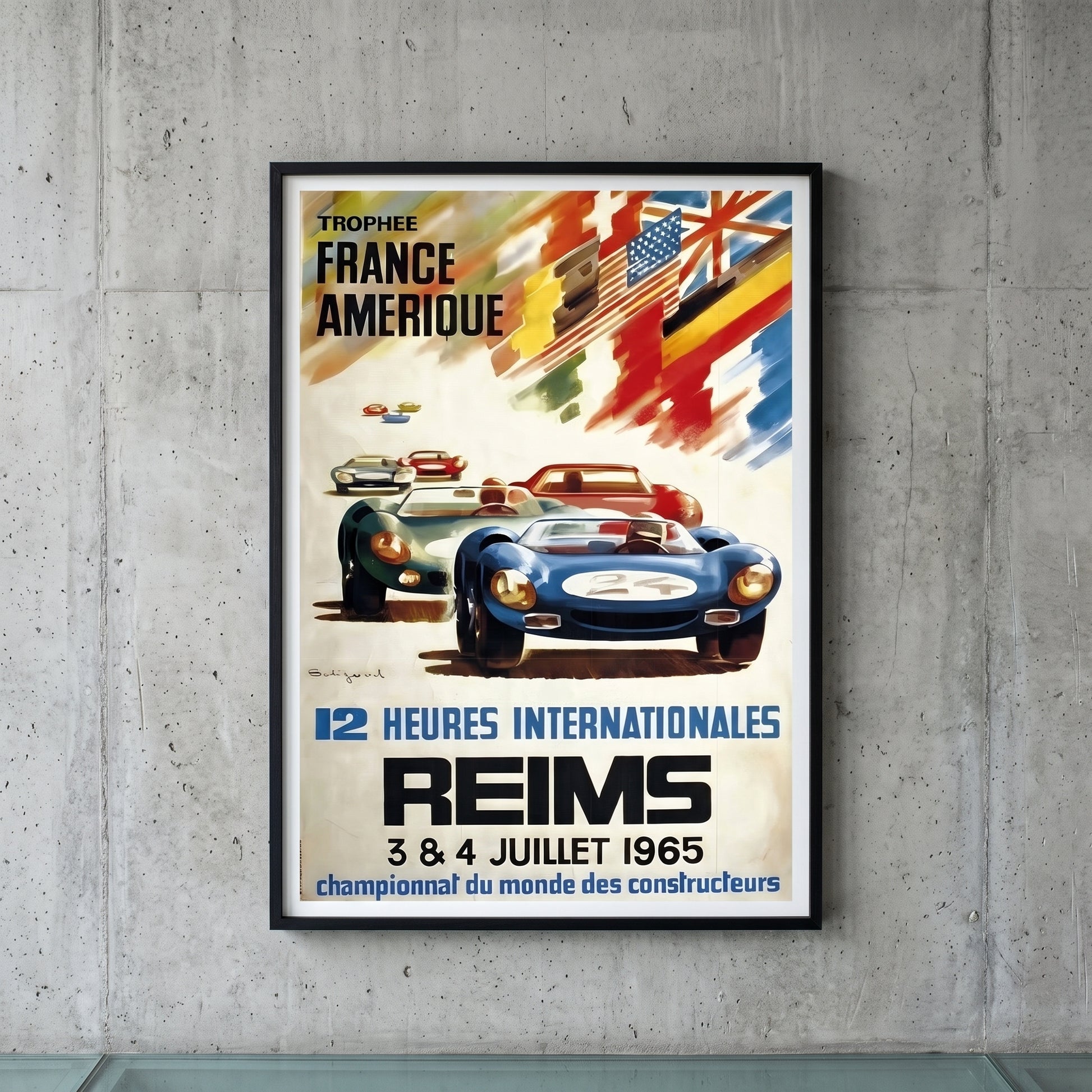 Ingelijste Reims 12 Heures Internationales 1965 poster aan de muur - vintage racewagen wanddecoratie