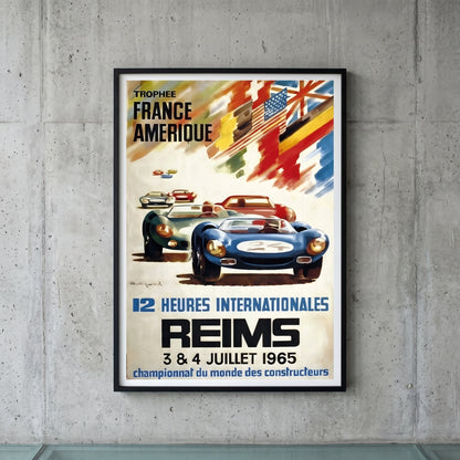 Ingelijste Reims 12 Heures Internationales 1965 poster aan de muur - vintage racewagen wanddecoratie
