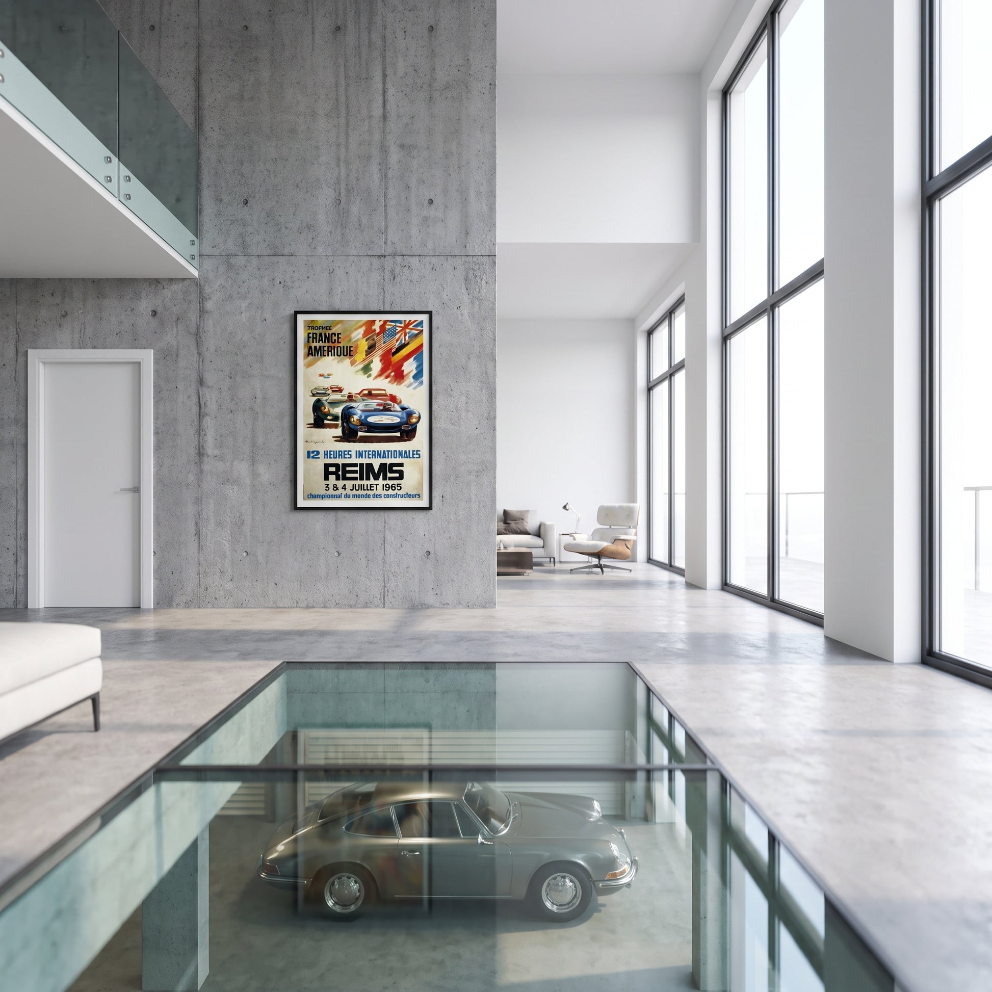 Reims 12 Heures Internationales 1965 poster in moderne woonkamer met klassieke sportwagen